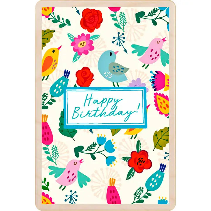 Happy Birthday Birds and Flowers Wooden Postcard