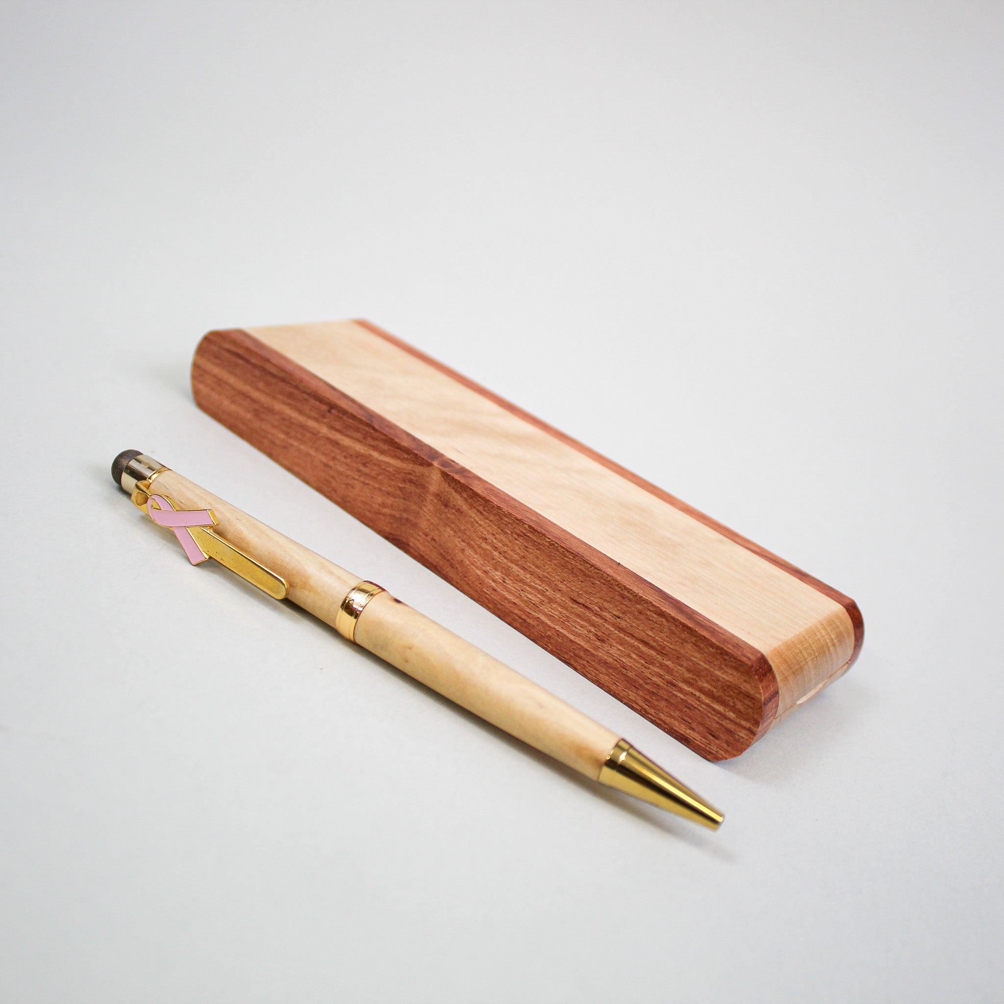 White Birch Pen with gold pink ribbon and Standing Case