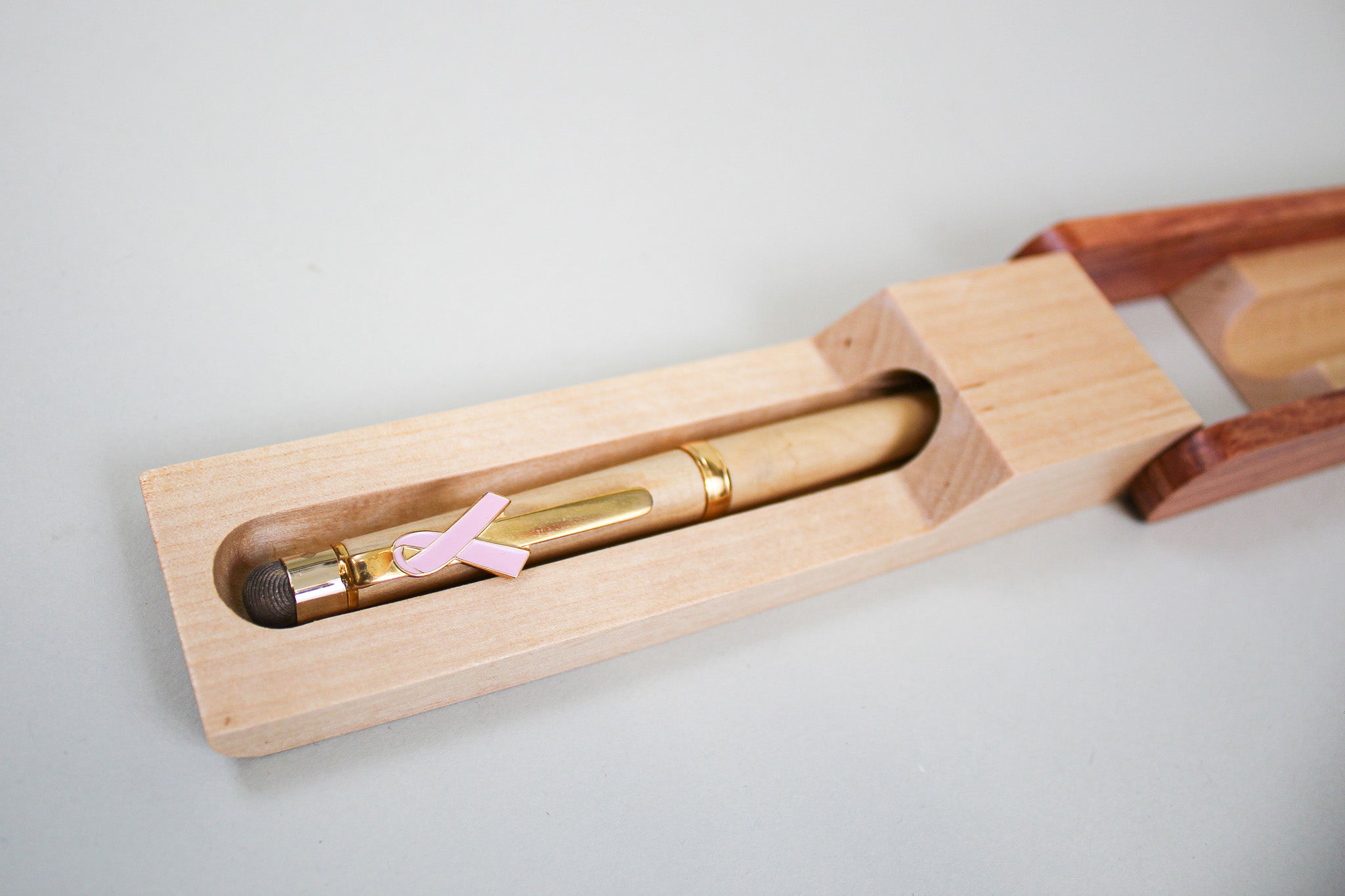 White Birch Pen with gold pink ribbon and Standing Case