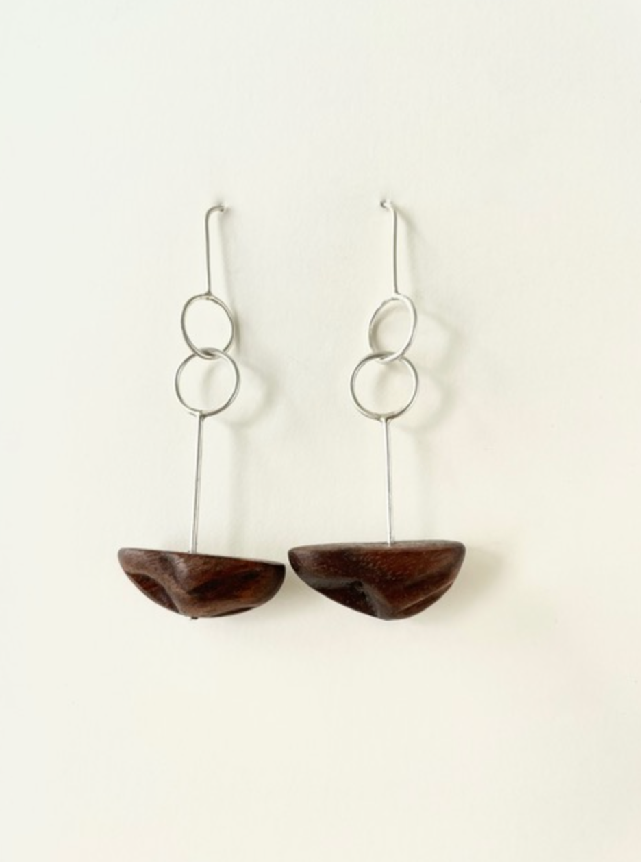 Alpa Sheth Studio Walnut Wood & Silver Semicircle Earrings