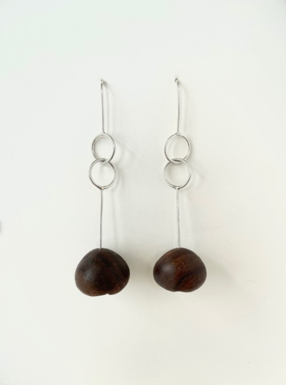 Alpa Sheth Studio Walnut Wood & Silver Round Earrings