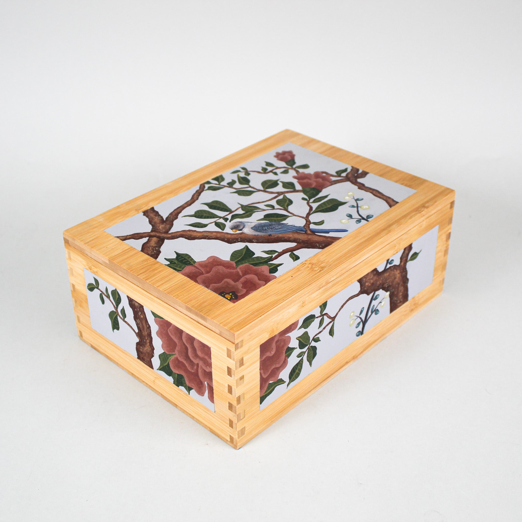 Hand-Painted Wood Box with Blue and White Bird with Red Flowers