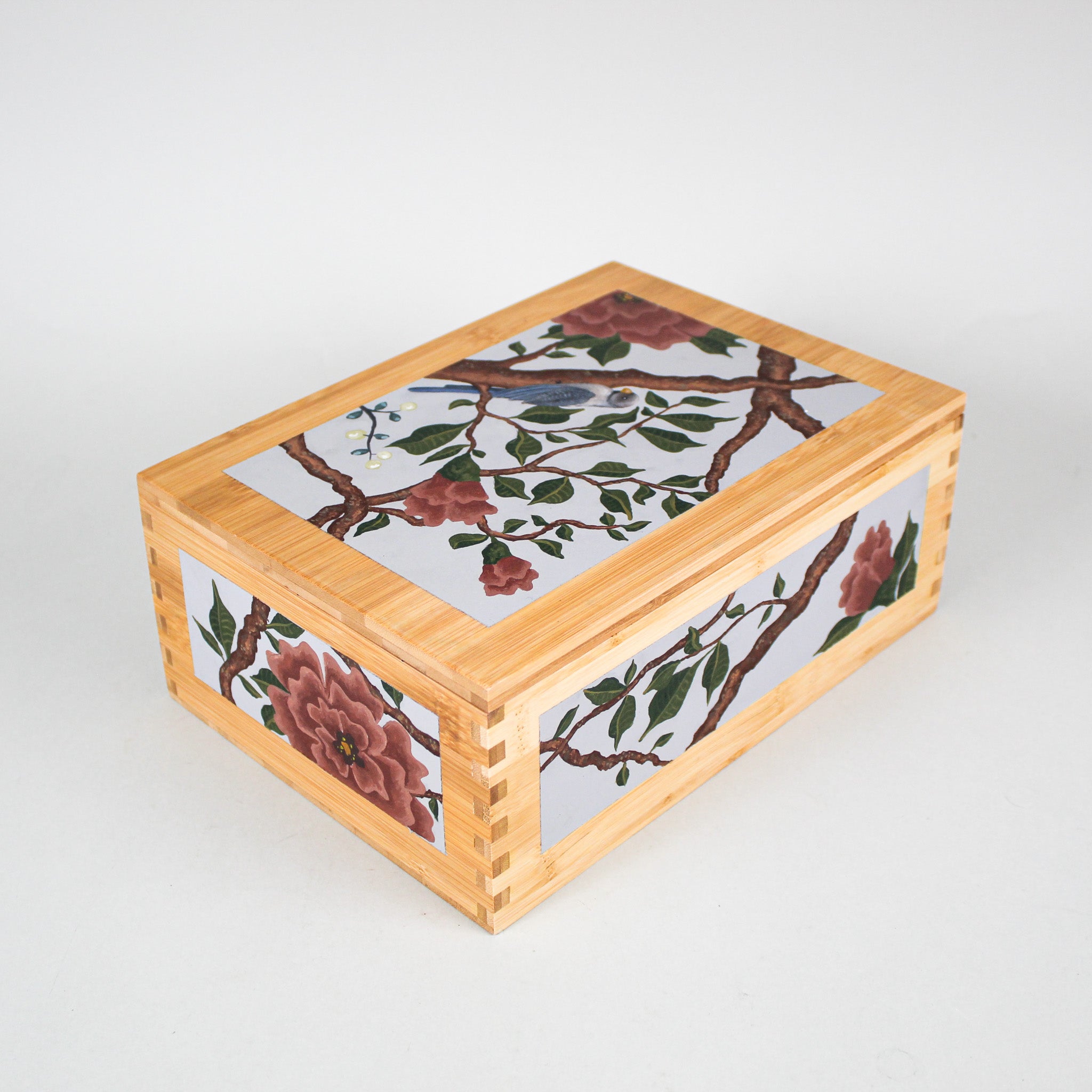 Hand-Painted Wood Box with Blue and White Bird with Red Flowers