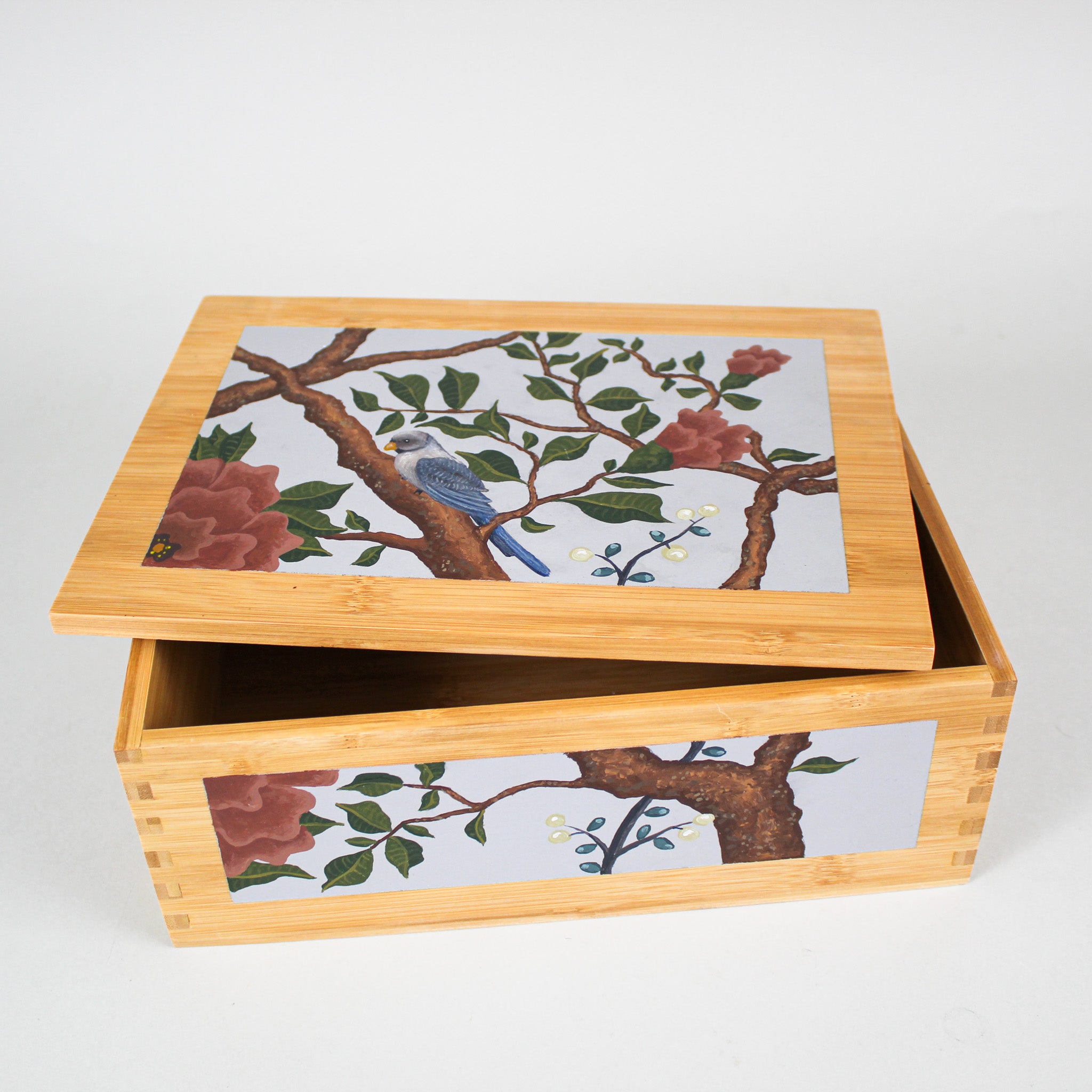 Hand-Painted Wood Box with Blue and White Bird with Red Flowers