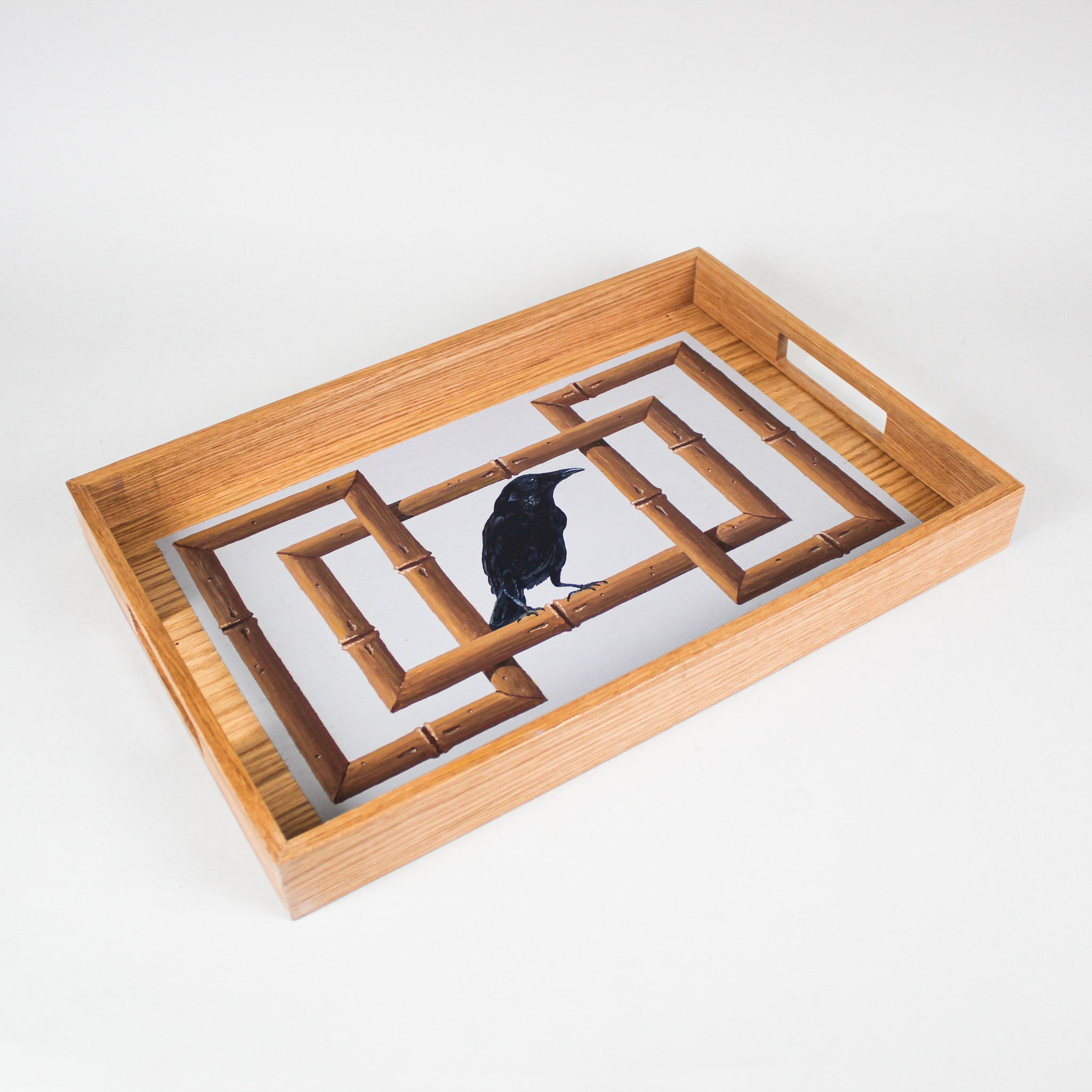Hand-painted Wood Tray with Black Bird