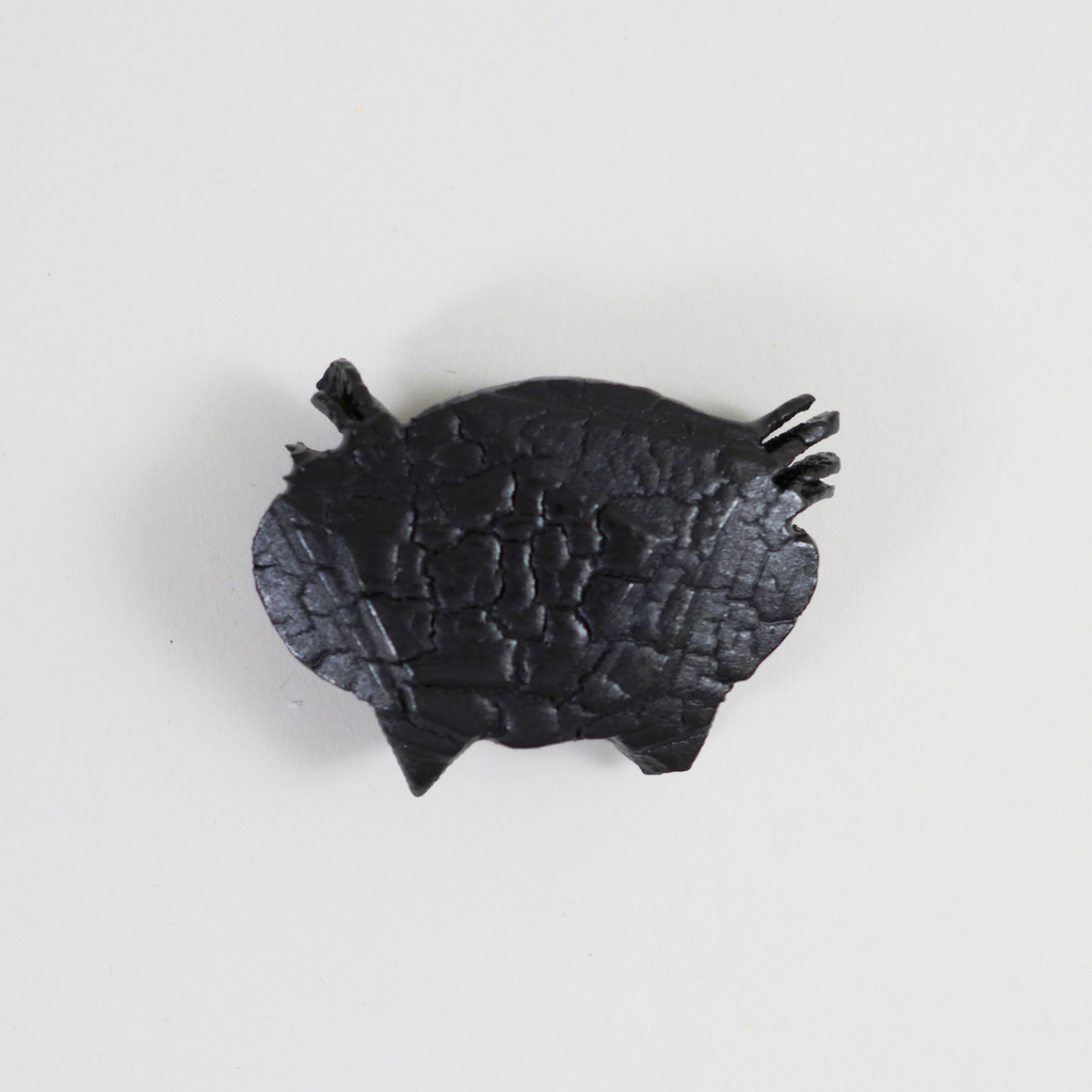 Charred, carved, holly wood brooch, handmade jewelry by Morgan Hill at the Center for Art in Wood