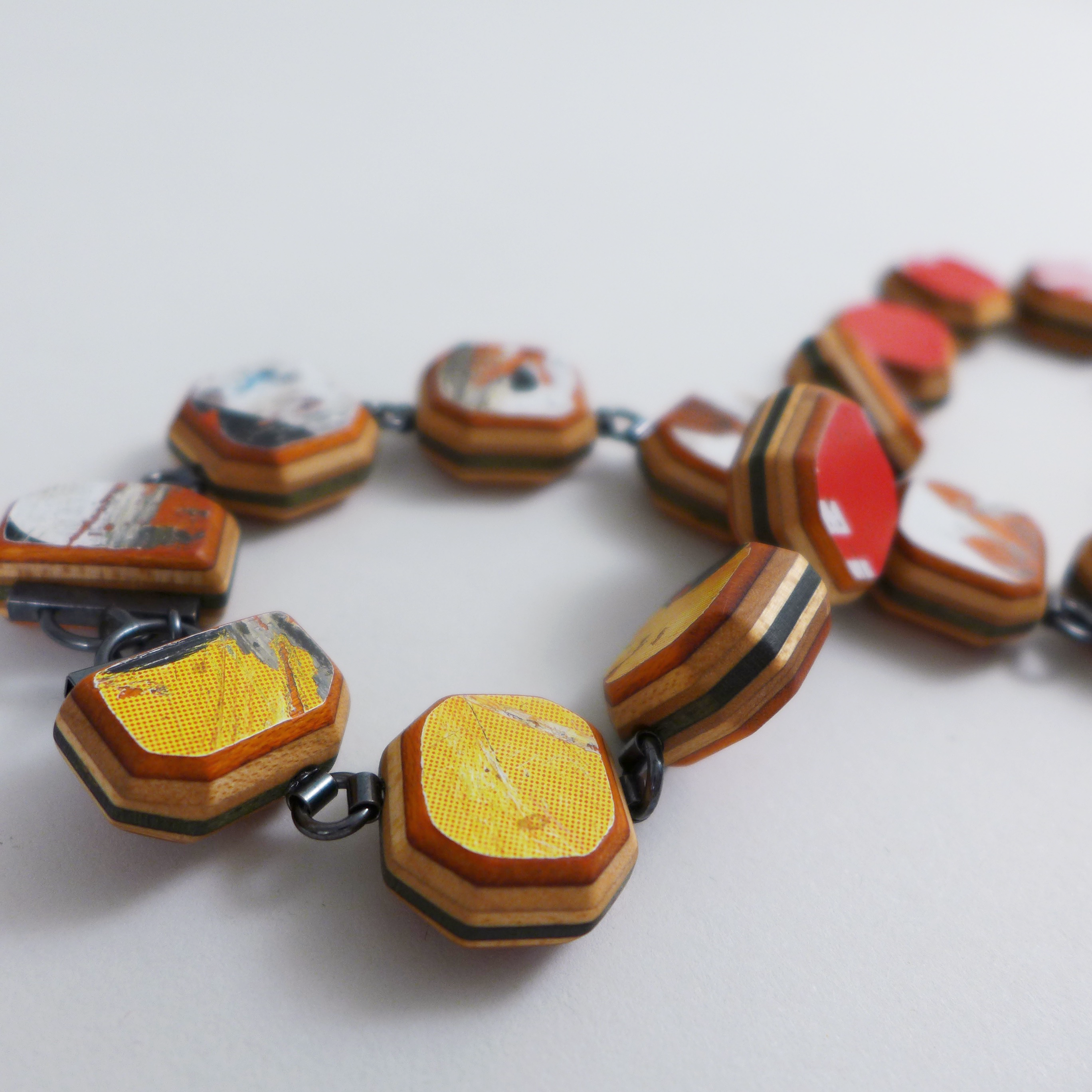 Red Statement necklace, Handmade, Unique, Colorful skateboard wood jewelry by Tara Locklear at the Center for Art in Wood