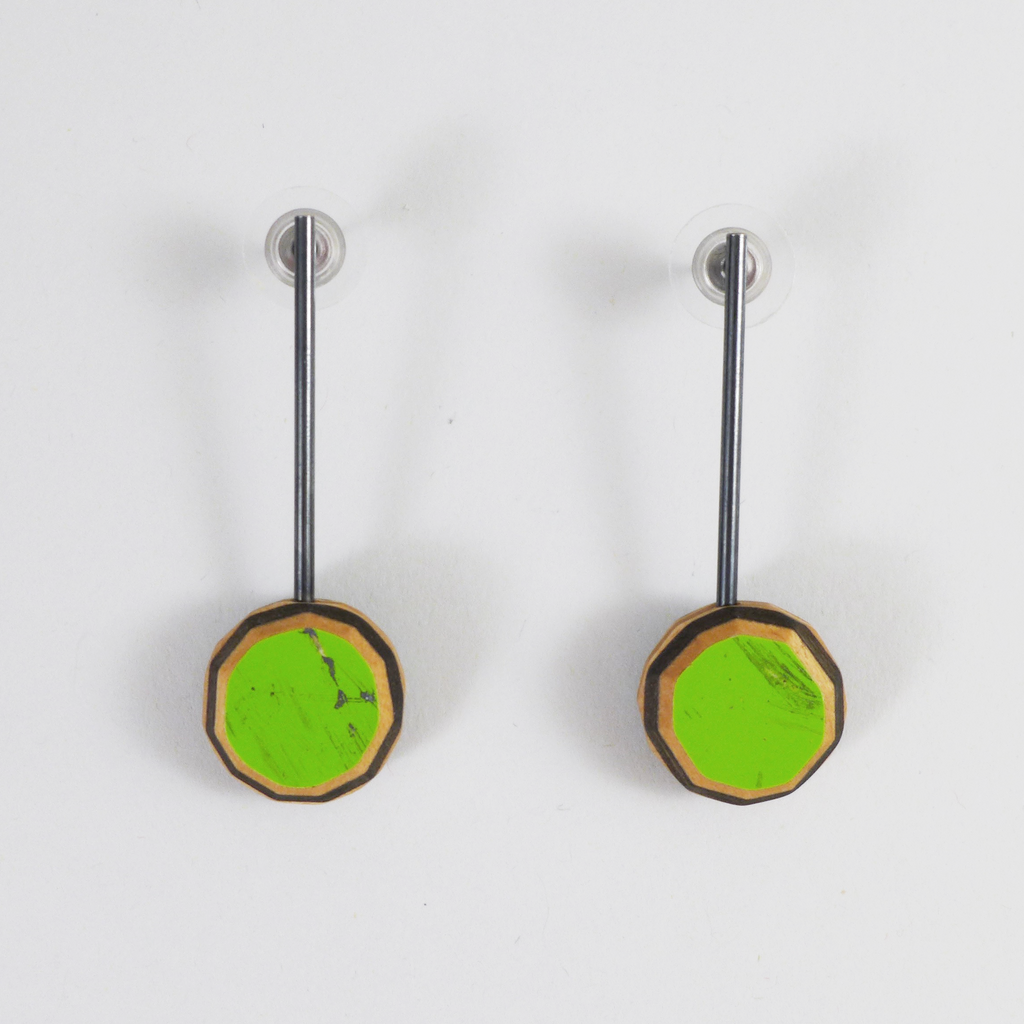 Green dangle post earrings, Handmade, Unique, Colorful skateboard wood jewelry by Tara Locklear at the Center for Art in Wood